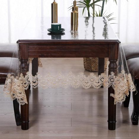 Abwischbare Tischdecke aus Vinyl mit Spitzenrand, wasserdicht, 120x170 cm, Khaki