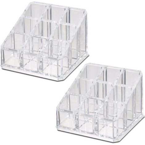 Boîte de rangement cosmétique - JUANIO - Lot de 2 - 9 compartiments - Carré 9x9x6,5 cm - Transparent (1/3)