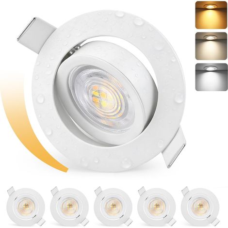 Lot de 6 spots LED encastrables - 230 V - Intensité variable - 60-70 mm - 5 W - 550 lm - 3000 K/4000 K/6500 K - IP44 - Pour salle de bain et salon - En aluminium brossé - Non rotatifs (1/5)