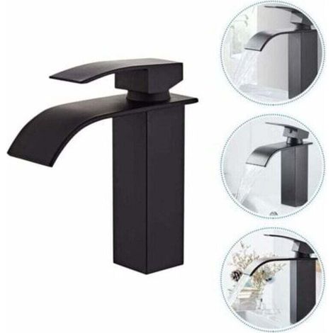 Robinet Salle de Bain et Deux Tuyaux d\'Entrée, Robinet Lavabo avec Eau Froide & Chaude Disponible, Design Moderne de Cascade Robinet Lavabo, Conception Durable de Corps de Valve de Cuivre Noir (1/4)