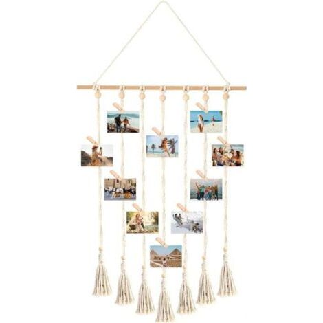 Cadre Pele Mele Photo Mural,Accroche Photo en Macramé,Porte Photo Bohème,Tableau Photo avec 30 Clips en Bois,Cadre Photo Suspendu Corde