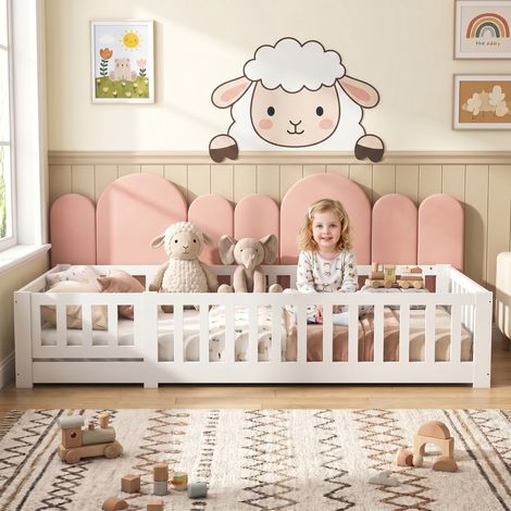BLANKETSWARM - Lit simple enfant 120x200 cm, Lit au Sol Enfant, Lit Enfant Montessori avec Barrière de Sécurité et Sommier à Lattes, Sommier à lattes pin massif, Blanc (1/5)