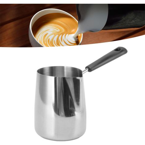 Pitcher à lait inoxydable 304 avec poignée longue pour mousseur à lait, idéal pour café maison ou boutique, capacité 600ml. (1/5)