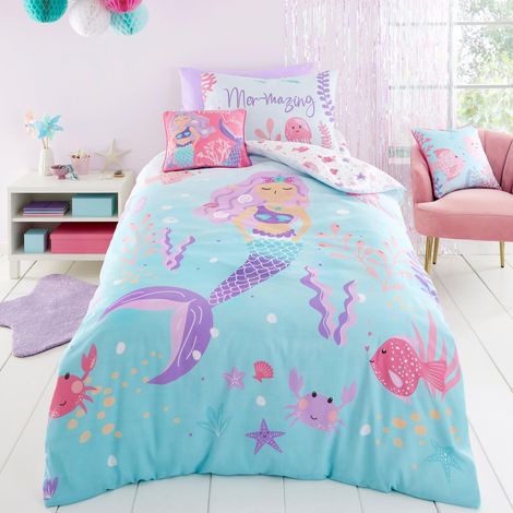 Housse de Couette sirène - Lit Simple (200 x 140 cm) - Réversible (2 Designs) - Housse de Couette pour Fille - Motif sirène - Parure de lit pour Fille, Agua (1/4)