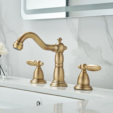 royaluxe -Robinet de salle de bain à deux poignées, robinet d'évier en or brossé, 3 trous avec trop-plein en plastique, drain escamotable, pulvérisat pivotant, robinet de lavabo de salle de bain, robi (1/5)