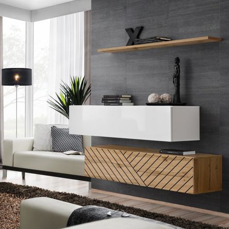 Lot de 2 Bancs Muraux & Étagère "Switch SBII" 130cm Naturel Rainuré & Blanc (1/5)