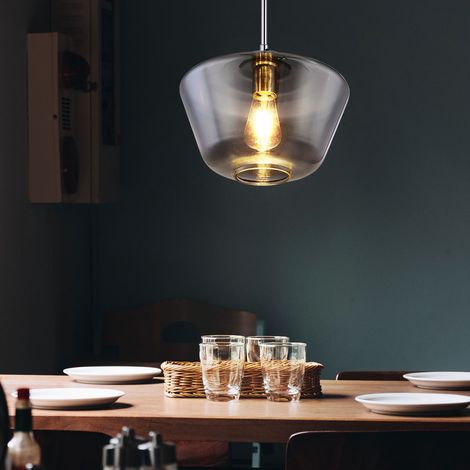 Suspension en verre rond Lampe de plafond verre fumé gris Suspension à simple flamme en verre, en chrome avec câble textile, 1x E27, DxH 30x120 cm