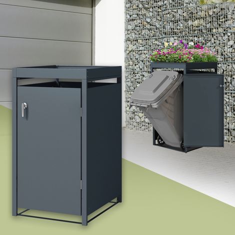ML-Design Cobertizo para Ocultar Cubos de Basura 240L Antracita 132x80x124 cm Caseta de Acero con Cerradura y Puerta Incluye Cubierta con Macetero Contenedor de Exterior Resistente a Intemperie (1/5)