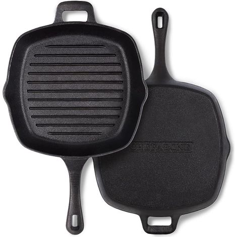 Cast Iron Grill Pan 10" - Steak and Serving Pan with Pouring Spout - Multifunctional for Meat Fish Vegetable Induction Gas Ceramic Oven (1/4)