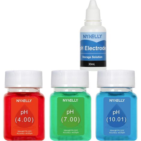Kit de Solution d'étalonnage pour pH-Mètre, 3 Flacons de 50 ml de Solution Tampon d'étalonnage (pH 4,00, 7,00 et 10,01) et 30 ml de Solution de Stockage de Sonde pH pour pH-Mètres (1/5)