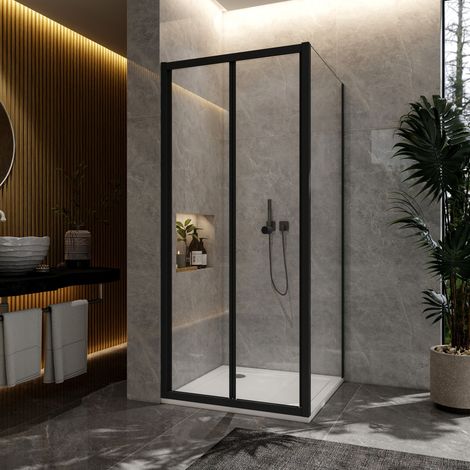 700 x 700mm Bi Fold Shower Enclosure with Side Panel Matt Black Frame,Reversible Bathroom Folding Folding Cubicle (1/5)