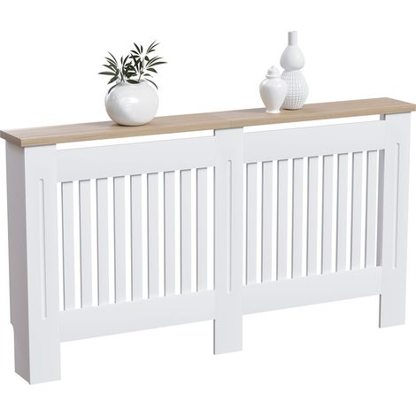 Home Discount – Cache-radiateur moderne en MDF blanc – Dimensions H 83 x L 111 x P 19 cm – Grille à lattes pour circulation optimale de la chaleur