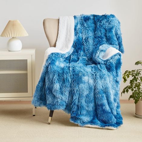 Couverture en Fausse Cachemire Fourrure en Peluche,Bleu Blanc Crème Plaid Polaire, Couverture Polaire Fourrure Haute Qualité, Poil Long Douce et Confortable, Plaid Canape 160 x 200 cm (1/5)