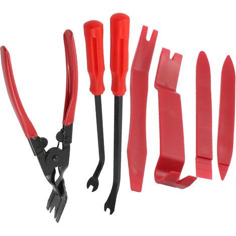 Kit d'outils de démontage de voiture 7 pièces pour enlever les garnitures en plastique - Kit de pinces à clip de voiture - Cales de garniture intérieure - Rivet de fixation (1/5)