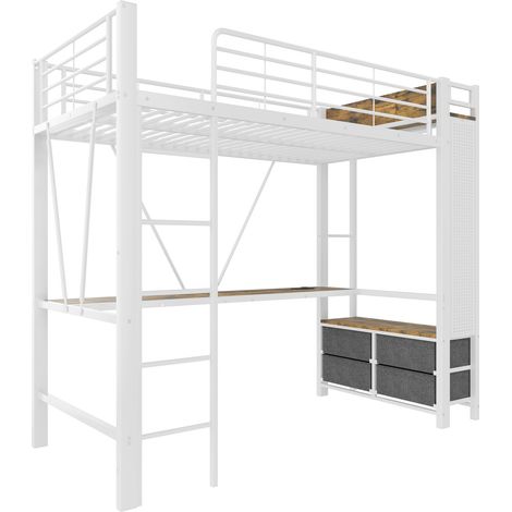 Cama alta metálica 90 x 200 cm blanca con escritorio, almacenaje, LED y USB-C (1/5)