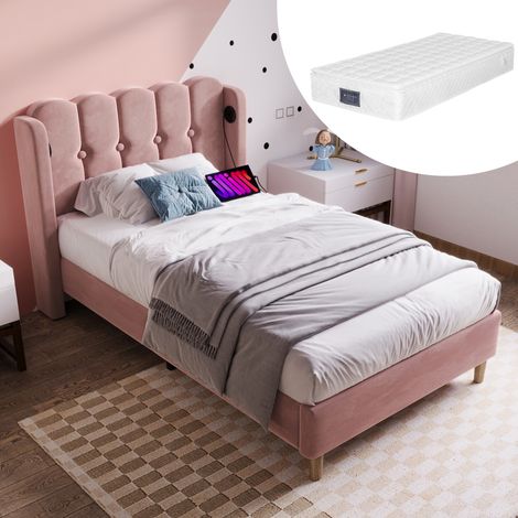 Lit adulte velours rose 90x200 USB C tete rembourree OKMYHOME (1/5)