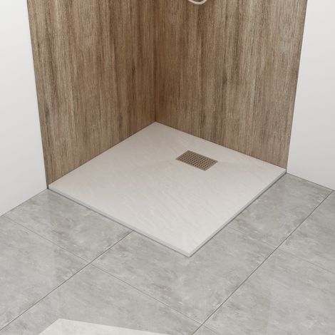 WITEN&NOCK design SMC Duschwanne Duschtasse mit Edelstahl Abflussrinne mit siphon, Steinoptik, weiß, 90x90 cm (1/5)