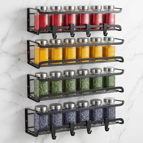Rangement Épices Cuisine 4 Pièces, Étagère Murale Métal Sans Percage, Étagères à Épices Réglables avec 4 Crochets, Organiseur de Cuisson pour Armoires, Réfrigérateur, Murs – 29x7x7 cm (1/5)