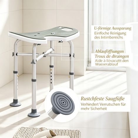 Tabouret de douche réglable 39–51,5 cm, avec poignée et ventouses, gris, sécurité et confort pour salle de bain (1/5)