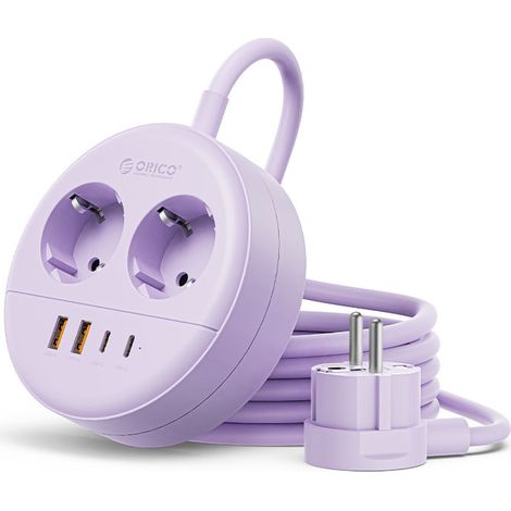 Multiprise haute puissance 16 A, USB + Type-C, PD20W, avec enrouleur de câble - câble violet de 1,5 m de long. (1/5)