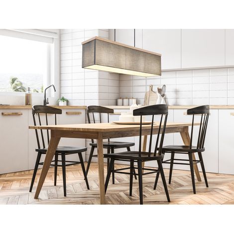 LED Pendelleuchte mit Stoff Lampenschirm und Holzoptik, Breite 80cm (1/5)