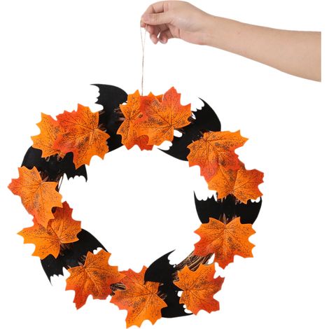 Couronne Halloween 16 pouces Feuilles d'érable Chauves-souris Décoration murale porte intérieure extérieure Orange tissu non tissé réaliste (1/5)