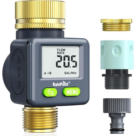 Compteur d'eau avec entrée et sortie en laiton, horloge pratique pour le jardin, 4 modes de contrôle de la consommation d'eau, compteur de débit d'eau, débitmètre numérique rotatif à 180° (1/5)