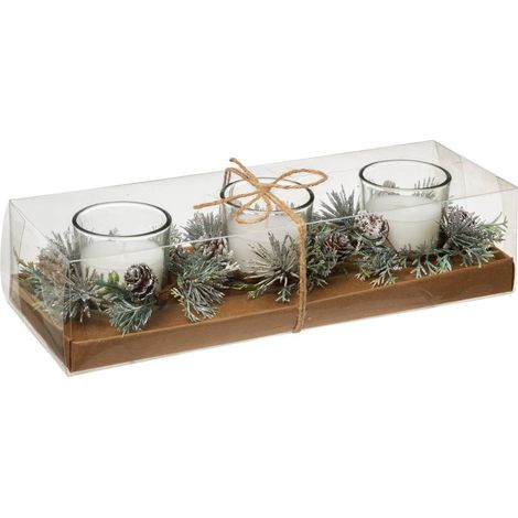 Centro de mesa trío de velas con hojas decorativas 180 gr blanco - Feeric lights & christmas