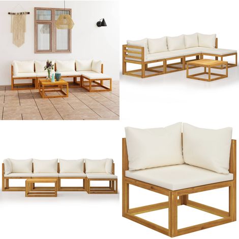 Salon de jardin 6 pcs avec coussin Crème Bois d'acacia solide - Mobilier De Jardin - Salon De Jardin - Meubles De Jardin - Acacia - Table Basse - Home & Living (1/5)