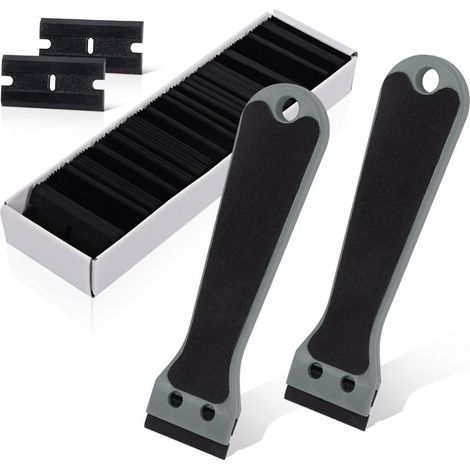 2 Grattoir Plastique avec 100 raclettes, Long Manche Grattoirs, pour Enlever les étiquettes, a colle, la peintureAutocollants et décalcomanies, gris (1/5)