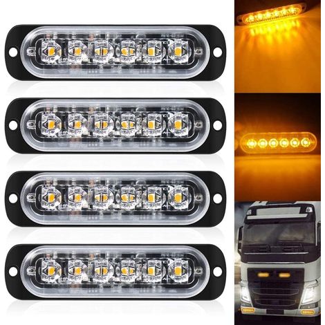 Pack de 4 - Lumière stroboscopique ultra mince ambre à 6 LED - Barre lumineuse à LED Mini barre lumineuse d'urgence 18 Mode clignotant 12V-24V pour véhicule ou camion universel (1/5)