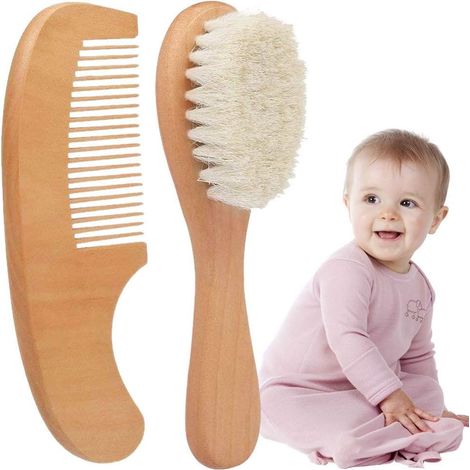 2pcs Brosse à Cheveux et Peigne à Cheveux en Bois Naturel pour bébé, Brosse à Poils de chèvre Naturelle pour Le Traitement du Berceau Brosse à Bois pour Les Nouveau-nés et Les, (1/4)