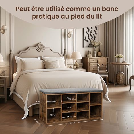 Banc à Chaussures, Banc de Rangement, avec Coussin, Siège Rembourré, 10 Compartiments, Étagères Réglables, pour Chambre, Marron (1/5)