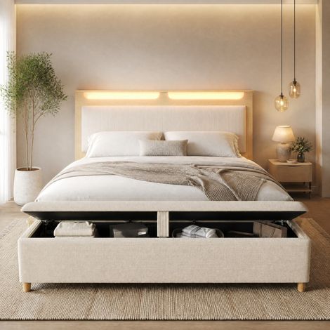 CHICFURN Letto matrimoniale 140x200 in legno e velluto a coste beige con panca, materasso incluso (1/5)