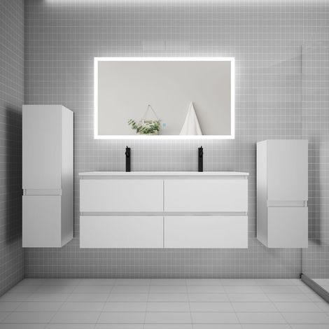 AICA Ensemble meuble 2 vasque L.120cm + lavabo + LED miroir + 2colonne blanc (1/5)