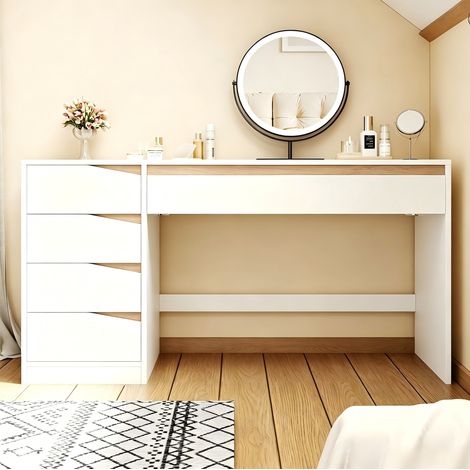 Bureau 140x50x78 cm avec 5 tiroirs, grand espace de travail et rangement, pour chambre, blanc effet chêne (1/5)