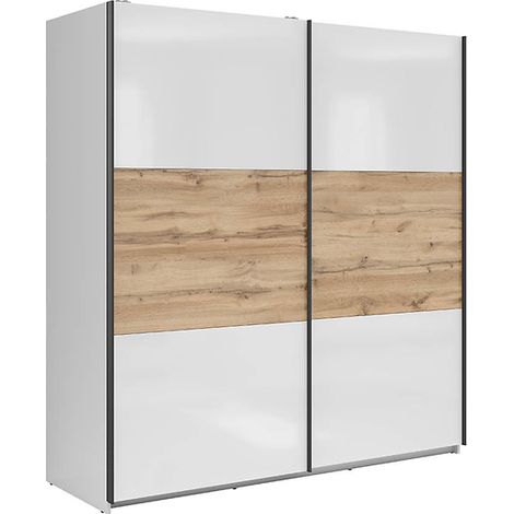 Armoire à 2 portes coulissante coloris Blanc brillant/Chêne wotan - Longueur 183 x Profondeur 60 x Hauteur 195,5 cm (1/4)