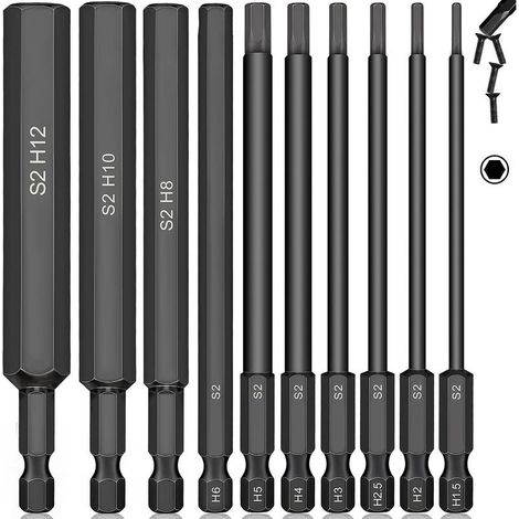 Lot de 10 forets à tête hexagonale de 100 mm de long pour clé Allen de 12 mm à 1 5 mm métrique embouts magnétiques en acier S2 pour meubles de type (1/4)