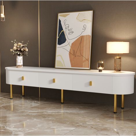Meuble TV 174 cm Ovale, Blanc TV bas avec 3 Tiroirs et 6 pieds dorésStyle moderne minimaliste 174x35x41cm (1/5)