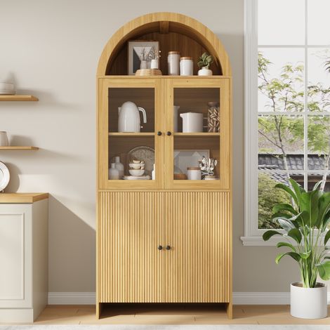 Buffet vitré à porte en verre, armoire de rangement haute 78 x 40 x 176 cm, naturel HAVRYA (1/5)