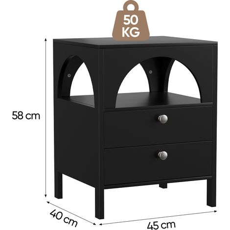 Table de chevet design noire 2 tiroirs + étagère, 45x40x58 cm, idéale pour chambre salon couloir, 1 unité (1/4)