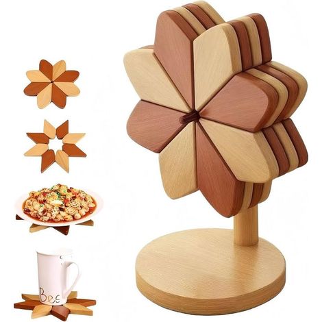 Dessous de Plat Isolé en Bois et Bambou,Marron/Beige, Résistant pour Plats Chauds, Double Fonction Décoratif et Pratique, Accessoire de Cuisine Protection de Table, 15cm de Diamètre (1/5)