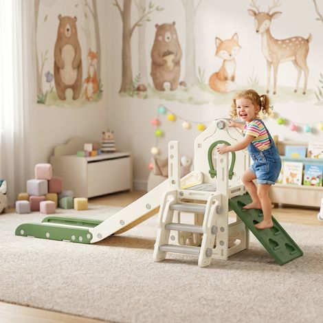 Toboggan pliable 4 en 1 pour tout-petits avec éléments d'escalade, panier de basket, espace de rangement et ballon de basket pour enfants de 1 à 3 ans, blanc crème (1/5)