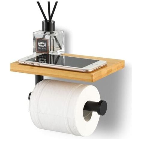Porte Papier Toilette avec Etagère Bambou Salle de Bain Porte Rouleau en Acier Inoxydable SUS304 Support Mural Noir Mat,Version sans perçage (1/5)