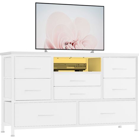 GARVEE -Commode 8 Tiroirs en Tissu pour TV 55'' avec Prises USB et LED, Meuble de Rangement Multi-fonctions pour Chambre/Salon, 140x40x82cm(Blanc) (1/5)