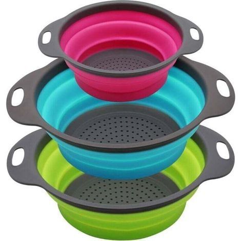 Ensemble de 3 filtres à eau pliables ronds en silicone - 2 x 4 pintes et 1 x 2 pintes - Parfait pour égoutter les pâtes, les légumes et les fruits (vert, bleu, violet) (1/4)