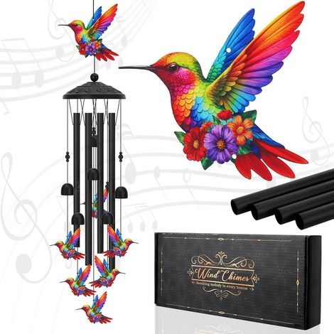 Windspiel Kolibri mit Blumen, Metall, Wetterfest, 90cm, für Garten & Balkon