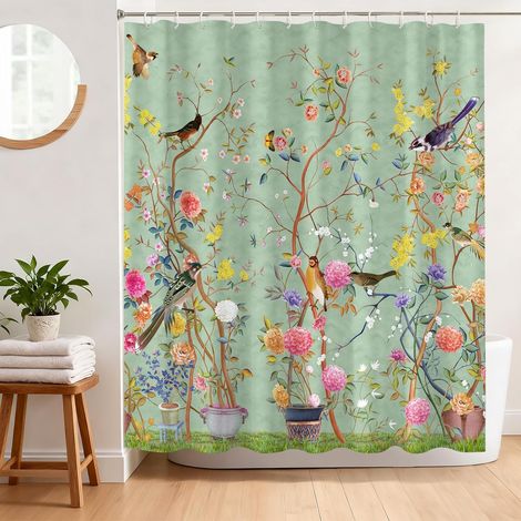 Cortina de ducha de 180 x 180 cm con estampado de flores y pájaros, tejido de poliéster lavable, impermeable, con 12 ganchos. (1/5)