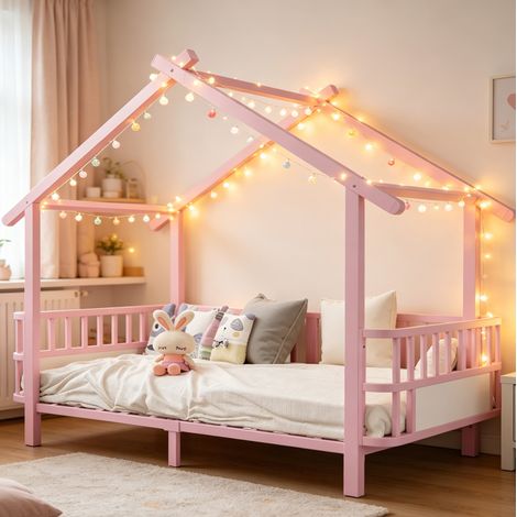 Kinderbett 90x200 cm Rosa aus Metall in Hausform mit Sicherheitsgitter, Dachdesign und stabiler Konstruktion (1/5)