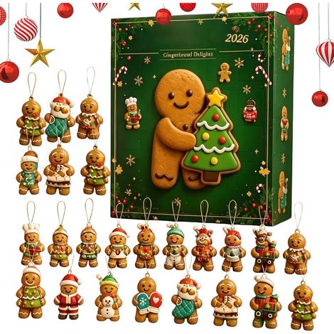 Adventskalender 2026 – 24-teilig – braun, rot, grün – Acryl – 24 Tage lang Lebkuchenmännchen-Weihnachtsbaumschmuck – Christbaumschmuck – geeignet für Weihnachten und als Dekoration für den Wohnbereich (1/5)